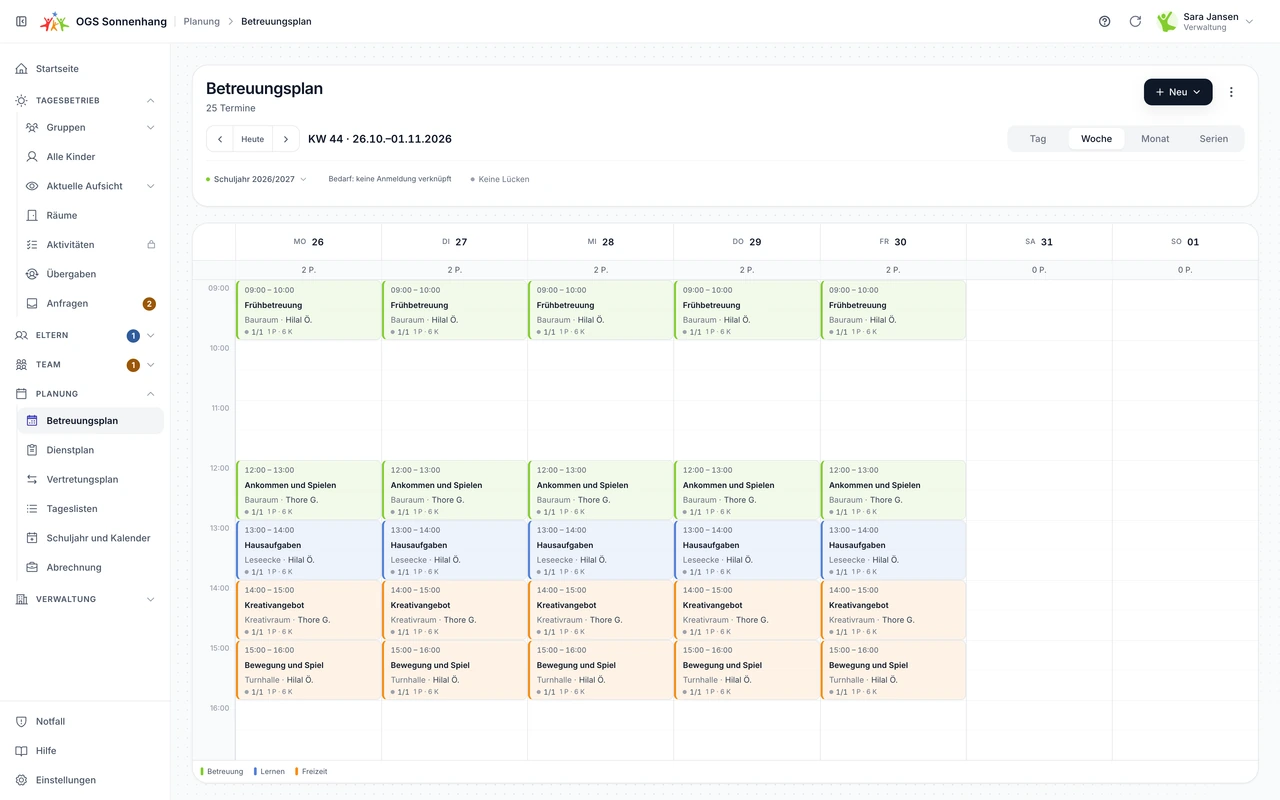 Phoenix Produktscreen des Betreuungsplans mit Wochenkalender, Räumen, AGs, Personalbedarf und Kinderzahlen